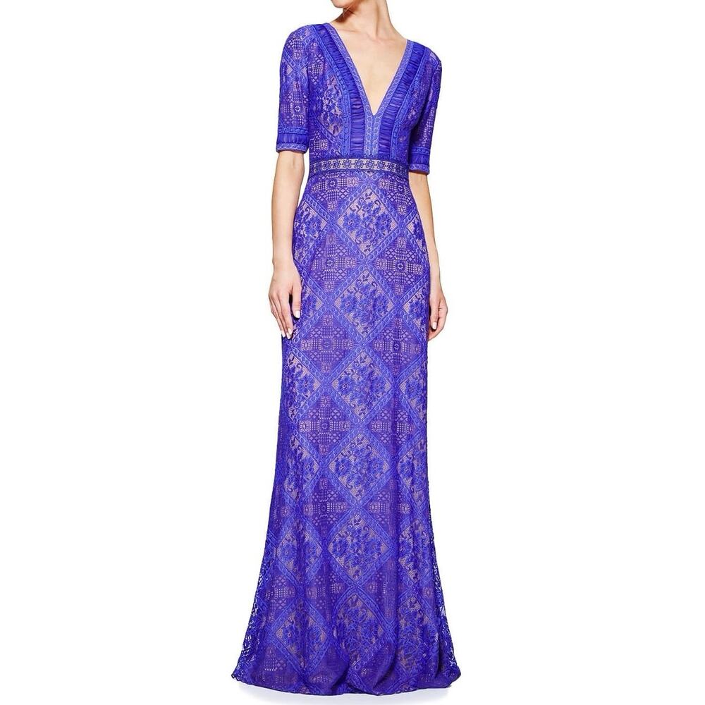 Tadashi Shoji Landry Wisteria Collaged Floral Lace Plunge Neck Evening Gown 14